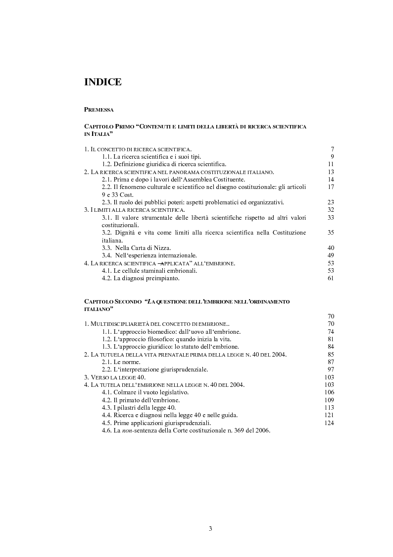 Indice della tesi: Embrione vs ricerca scientifica. Analisi comparata con l’ordinamento spagnolo, Pagina 1