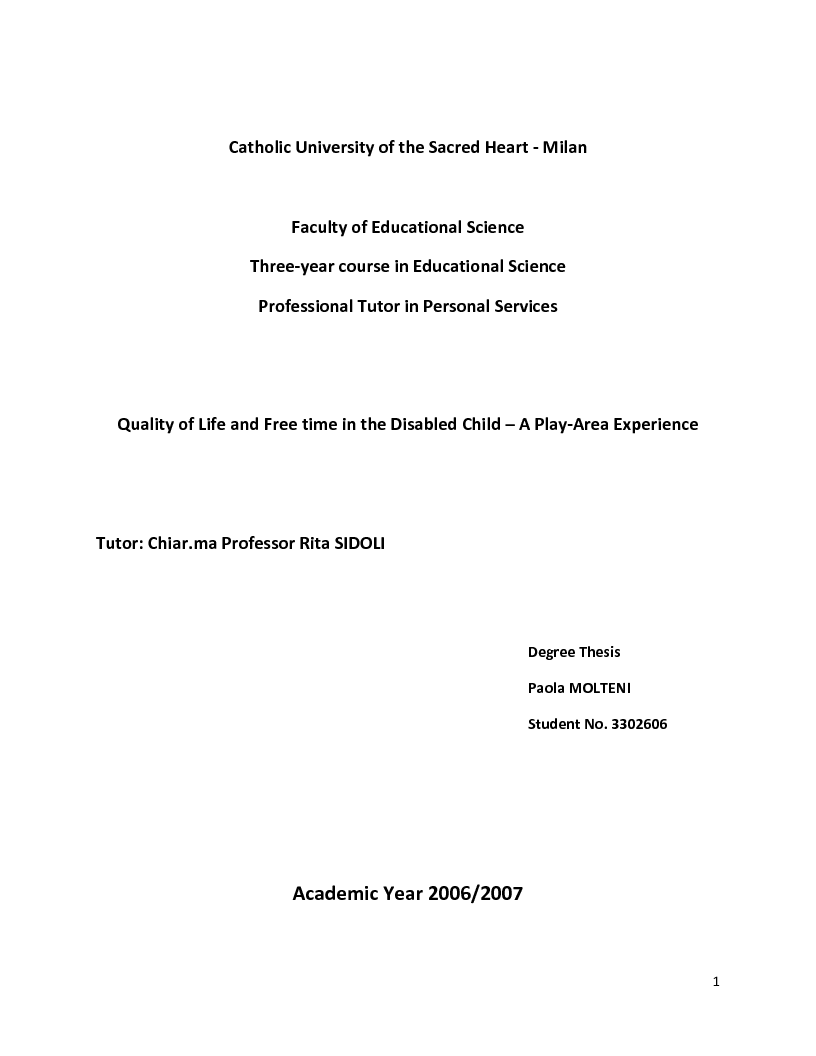 Anteprima della tesi: Quality of Life and Free Time in the Disabled Child – A Play-Area Experience, Pagina 1