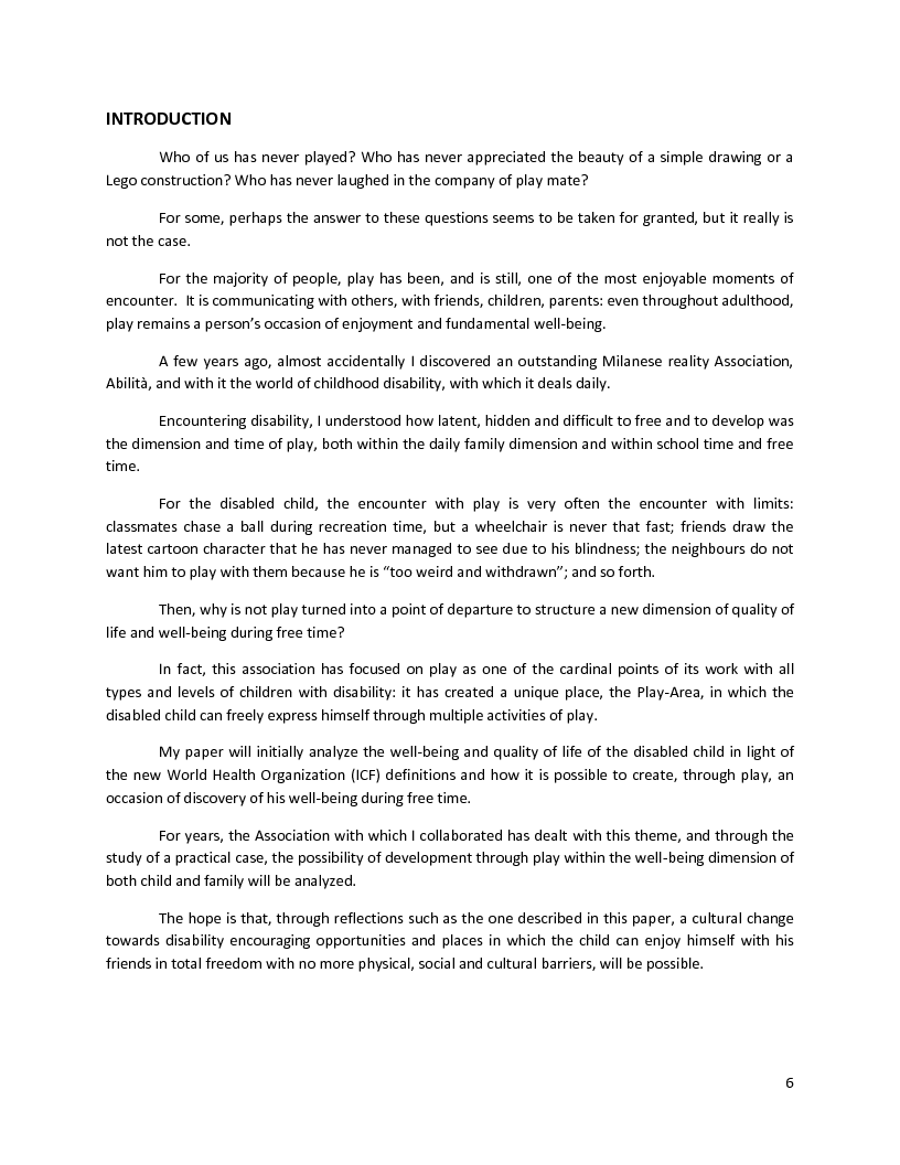 Anteprima della tesi: Quality of Life and Free Time in the Disabled Child – A Play-Area Experience, Pagina 4