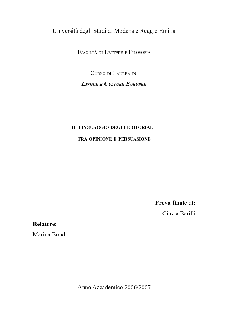 Anteprima della tesi: Il linguaggio degli editoriali tra opinione e persuasione, Pagina 1