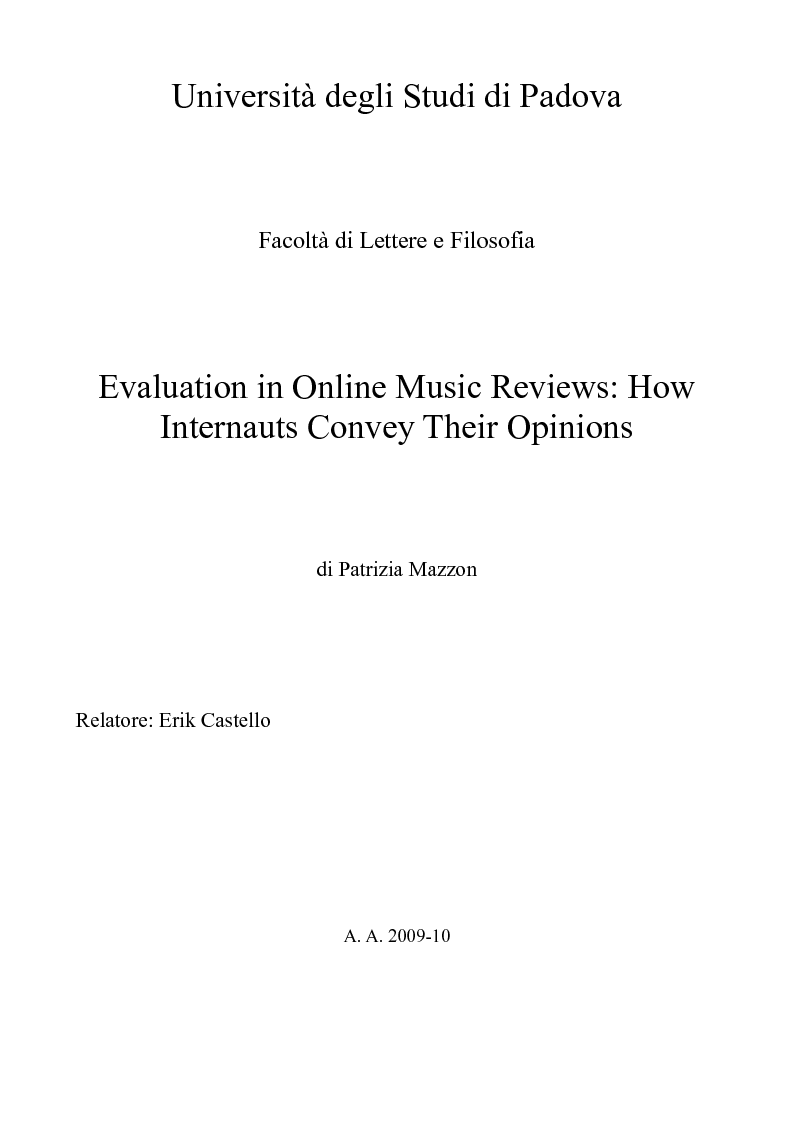 Anteprima della tesi: Evaluation in Online Music Reviews: How Internauts Convey Their Opinions, Pagina 1