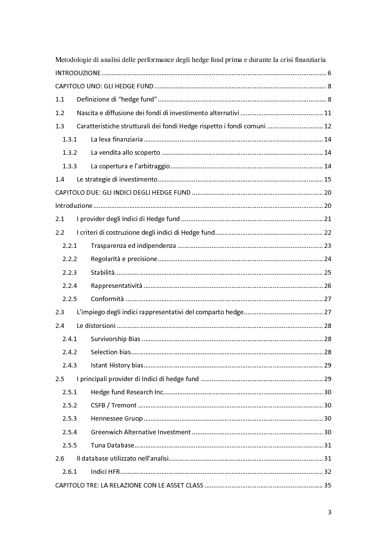 Indice della tesi: Metodologie di analisi delle performance degli hedge fund prima e durante la crisi finanziaria, Pagina 1