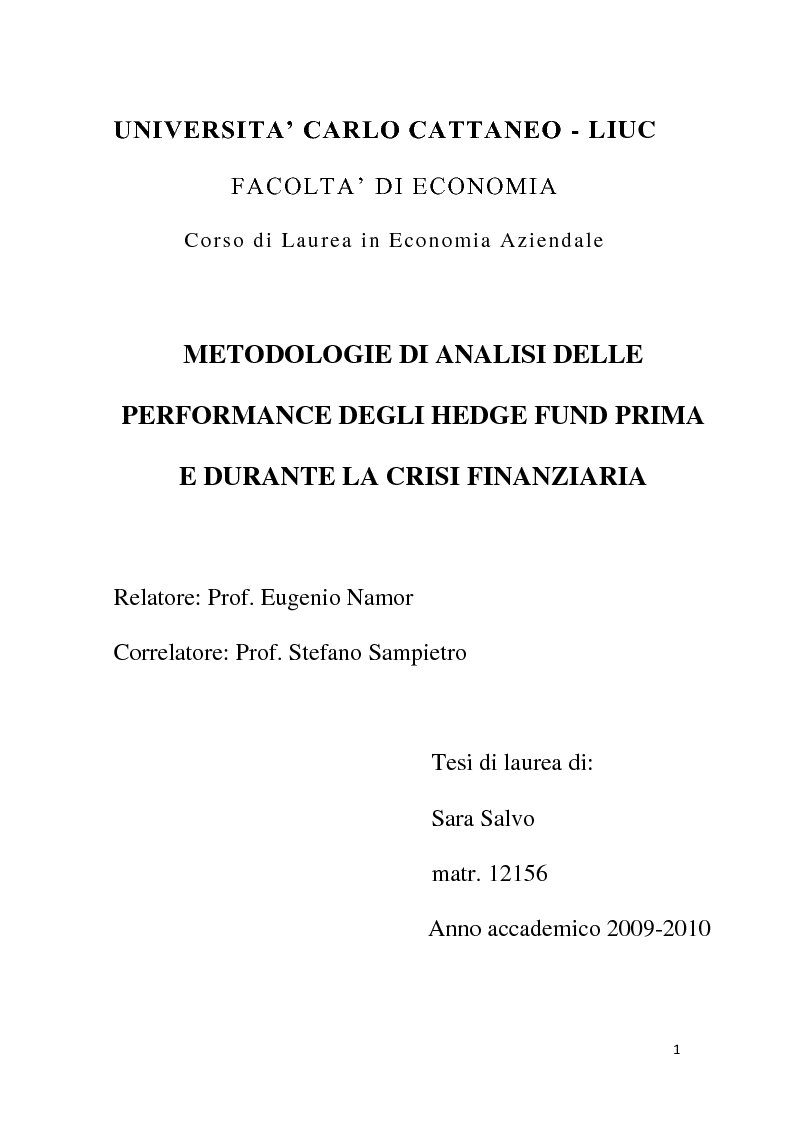 Anteprima della tesi: Metodologie di analisi delle performance degli hedge fund prima e durante la crisi finanziaria, Pagina 1