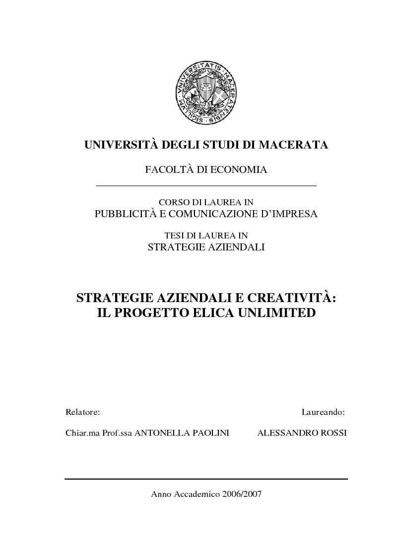 Anteprima della tesi: Strategie aziendali e creatività: il progetto Elica Unlimited, Pagina 1