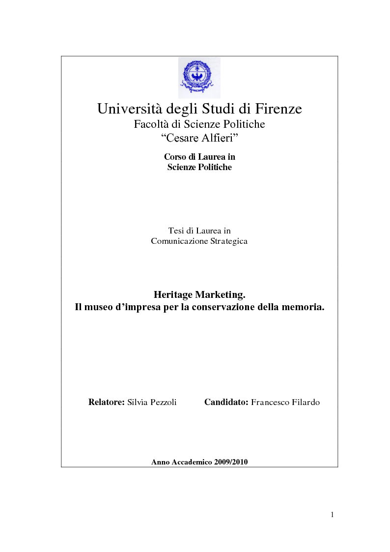 Anteprima della tesi: Heritage Marketing. Il museo d'impresa per la conservazione della memoria, Pagina 1
