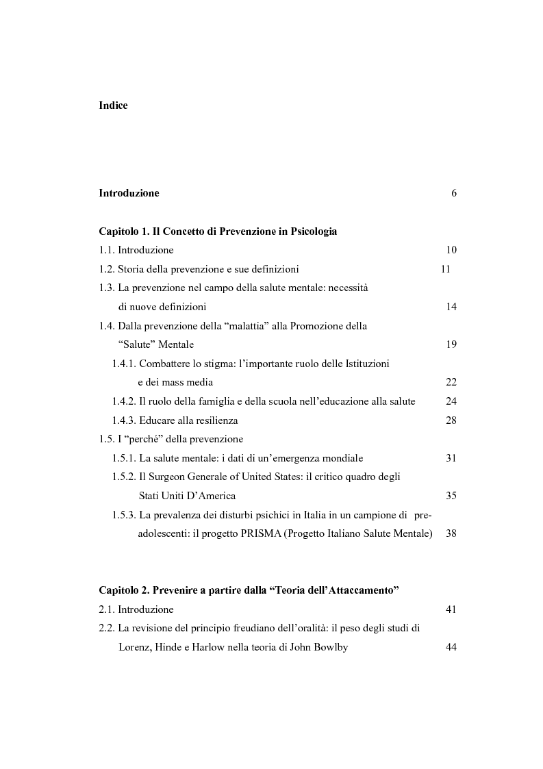 Indice della tesi: I contributi della teoria dell'attaccamento alla prevenzione del disagio psichico in età evolutiva, Pagina 1