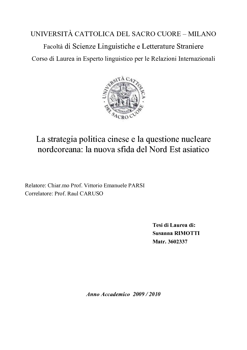 Anteprima della tesi: La politica estera cinese e la questione nucleare nordcoreana: la nuova sfida del Nord Est asiatico, Pagina 1