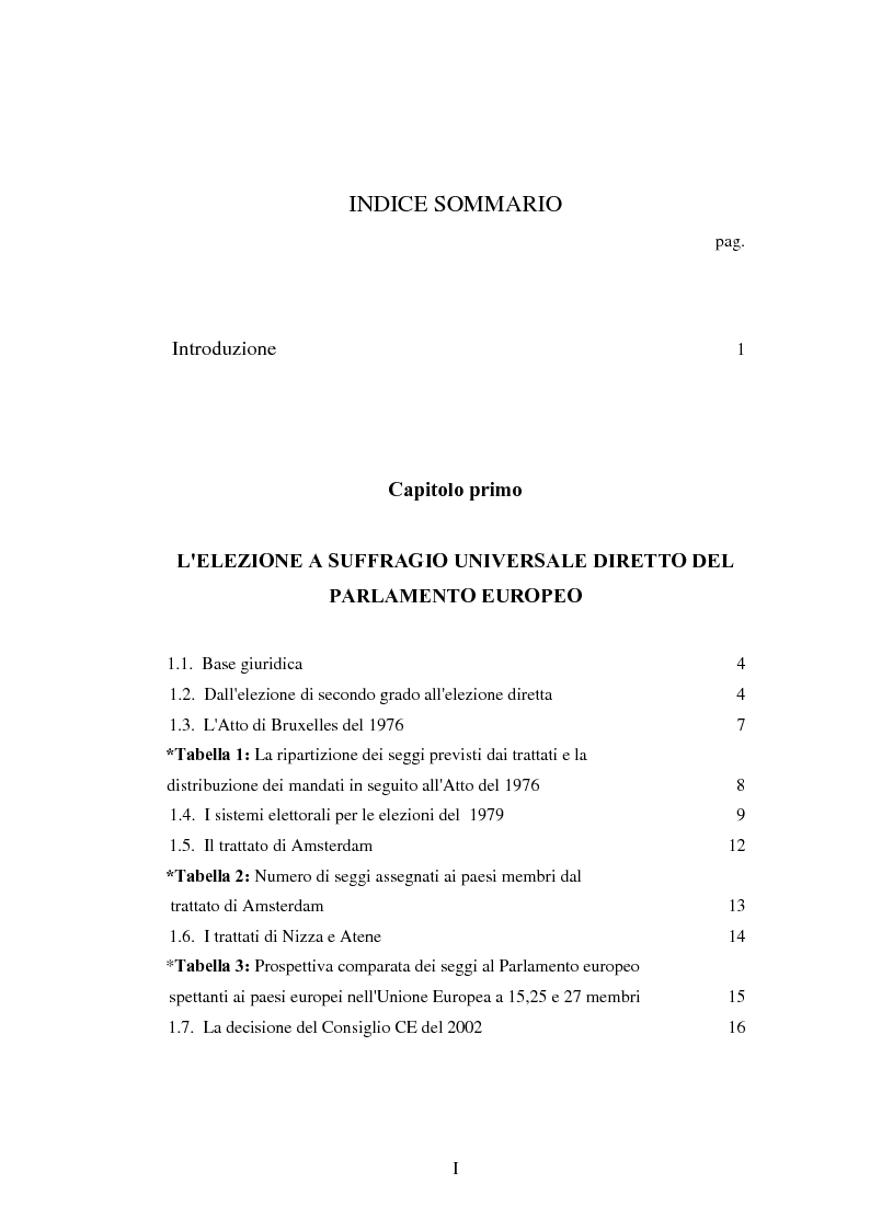 Indice della tesi: I sistemi elettorali nazionali per le elezioni europee, Pagina 1