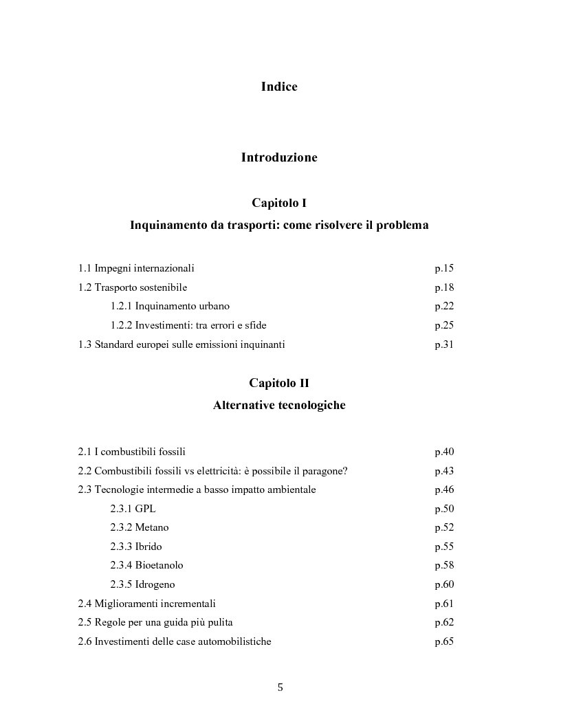 Indice della tesi: Criticità tecniche ed economiche nella diffusione dell'auto elettrica, Pagina 1