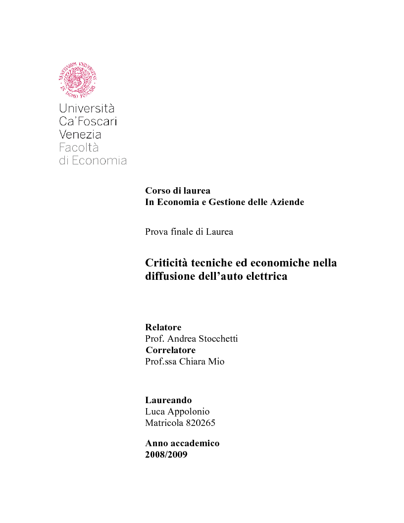 Anteprima della tesi: Criticità tecniche ed economiche nella diffusione dell'auto elettrica, Pagina 1