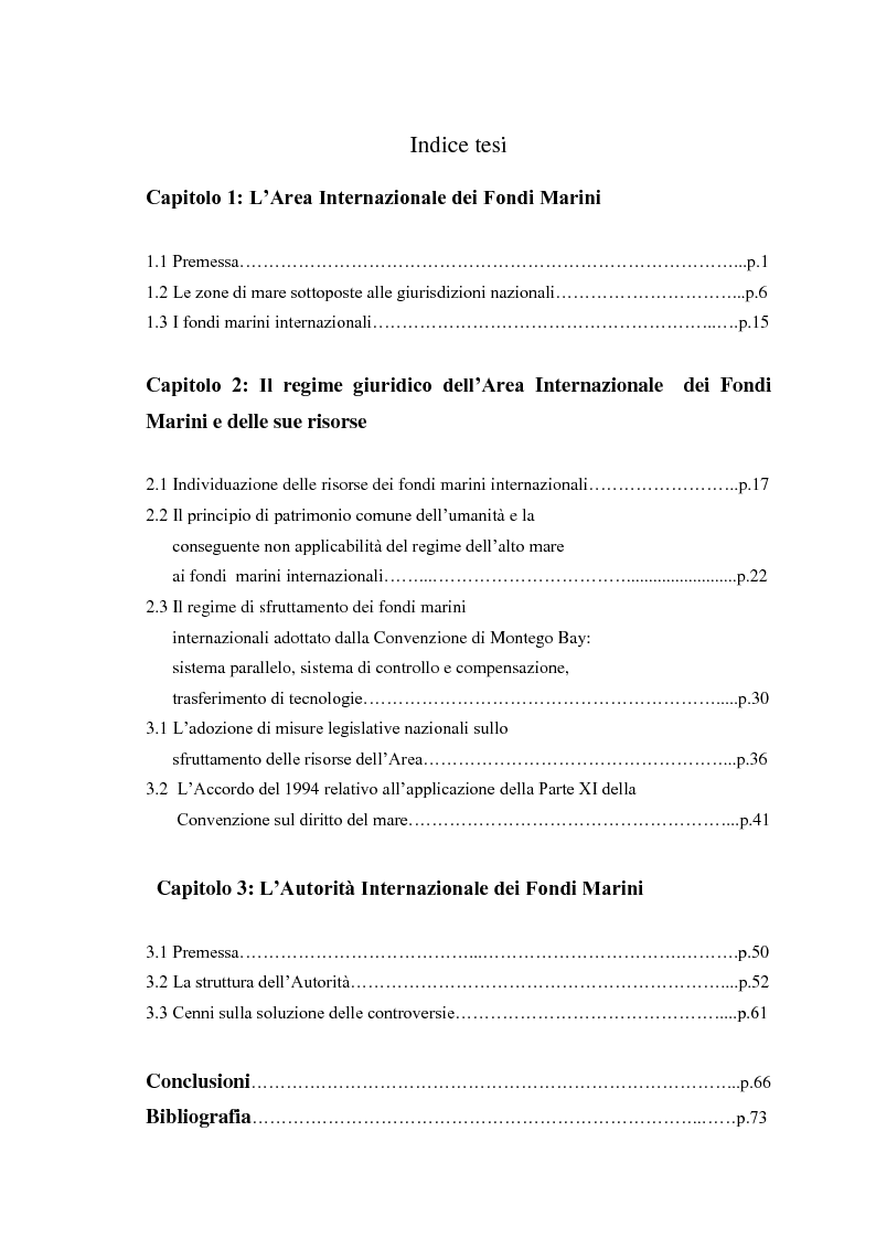 Indice della tesi: La disciplina dei fondi marini internazionali, Pagina 1