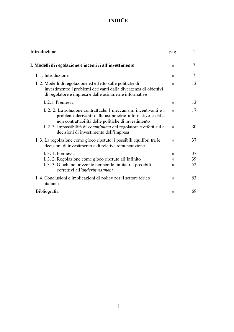 Indice della tesi: L'economia del settore idrico. Scelte di regolazione e struttura proprietaria, Pagina 1