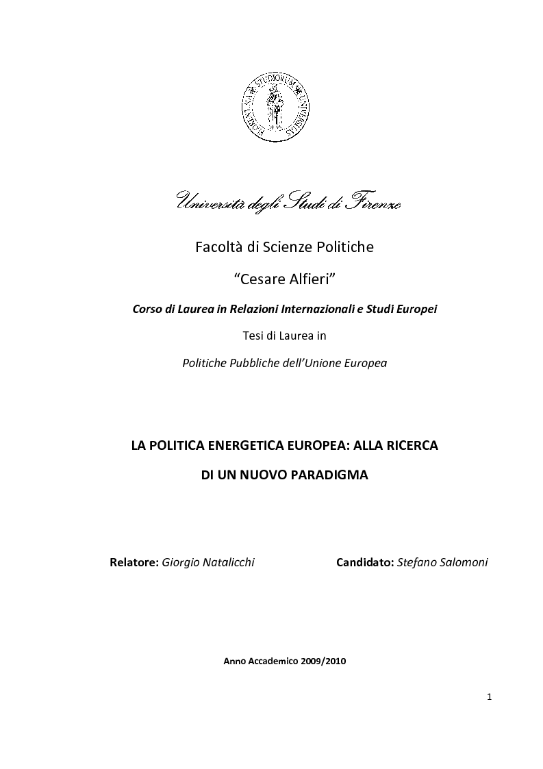 Anteprima della tesi: La politica energetica europea: alla ricerca di un nuovo paradigma, Pagina 1