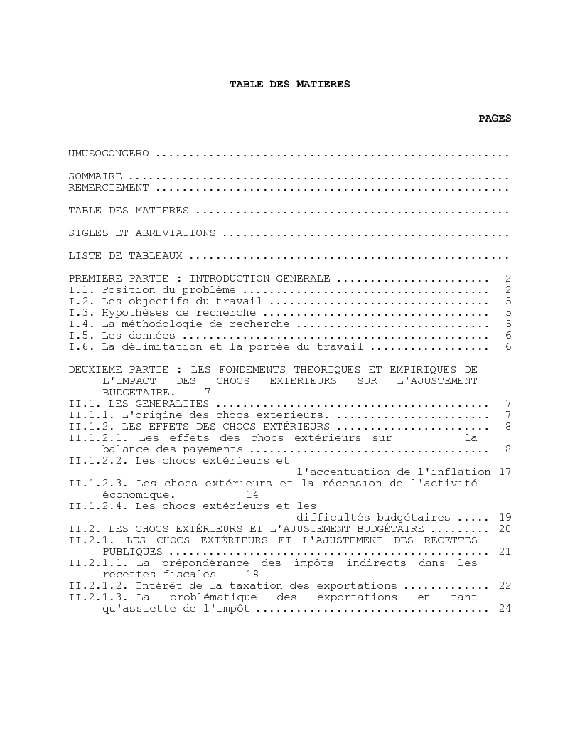 Indice della tesi: Analyse de l'impact des chocs exterieurs sur l'ajustement budgetaire au Rwanda, Pagina 1