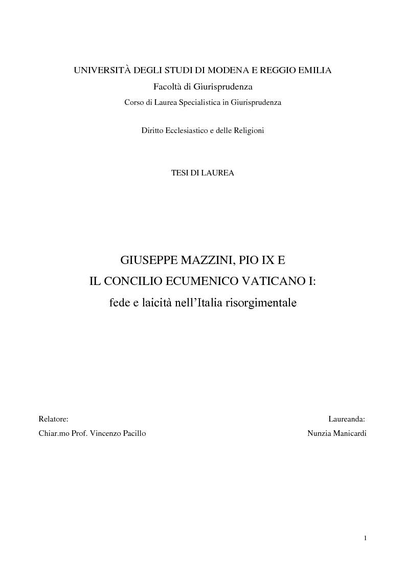 Anteprima della tesi: Giuseppe Mazzini, Pio IX e il Concilio Ecumenico Vaticano I: fede e laicità nell'Italia risorgimentale, Pagina 1