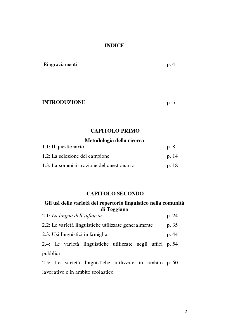 Indice della tesi: L'uso del dialetto e dell'italiano a Teggiano (Salerno). Un'inchiesta sul campo., Pagina 1