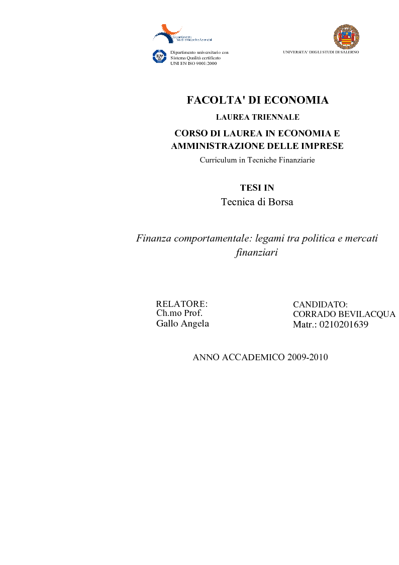 Anteprima della tesi: Finanza comportamentale: legami tra politica e mercati finanziari, Pagina 1