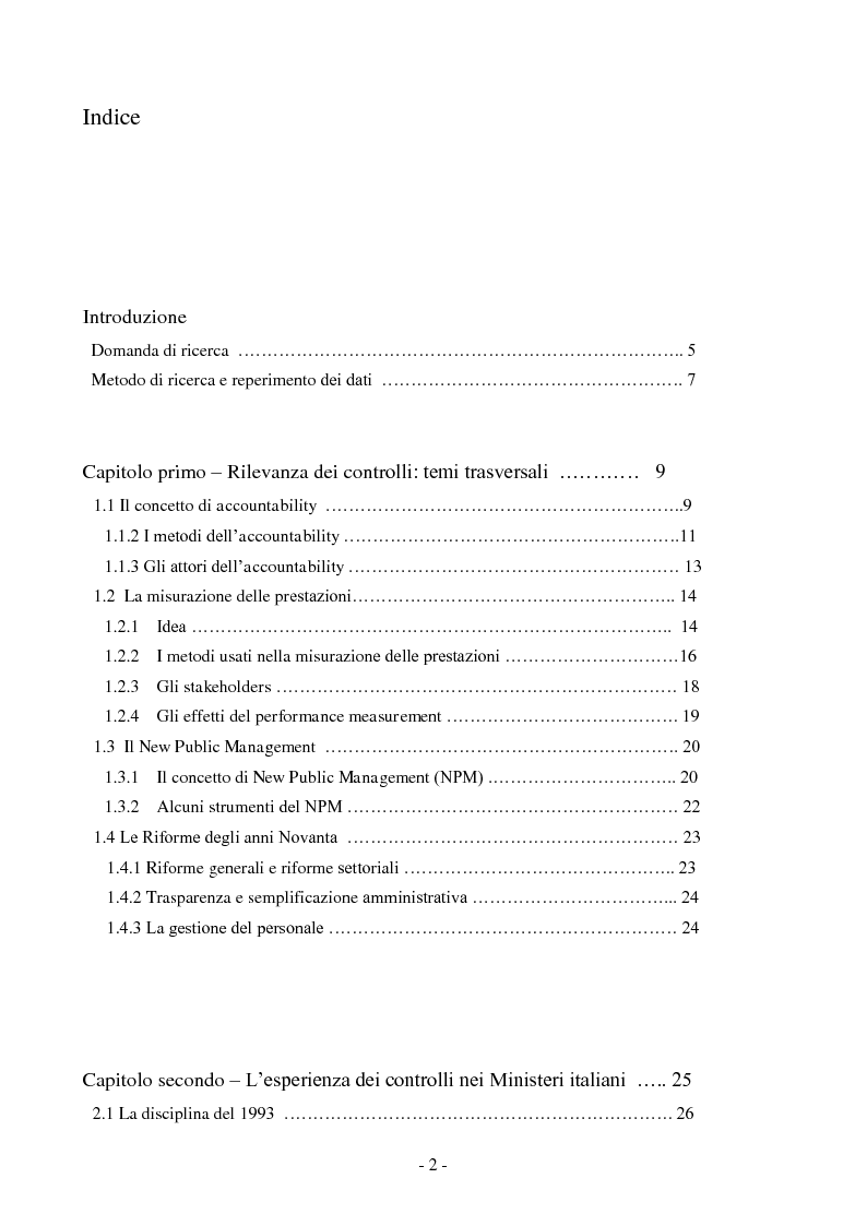 Indice della tesi: Il controllo e la pianificazione strategica nelle amministrazioni centrali: evoluzione e prospettive di sviluppo, Pagina 1