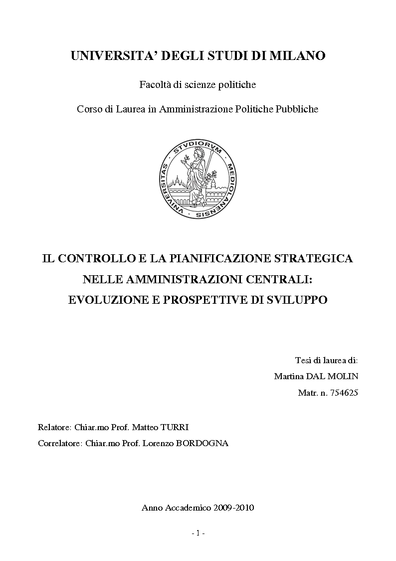 Anteprima della tesi: Il controllo e la pianificazione strategica nelle amministrazioni centrali: evoluzione e prospettive di sviluppo, Pagina 1