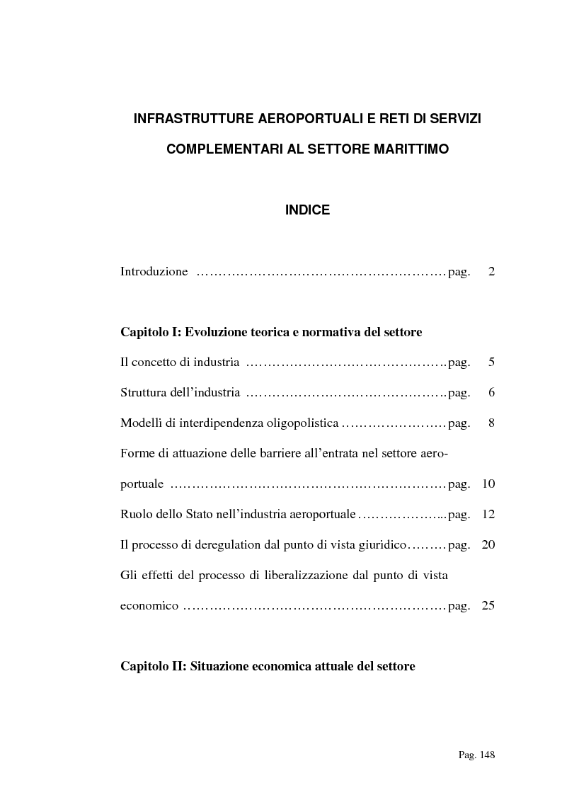 Indice della tesi: Infrastrutture aeroportuali e reti di servizi complementari al settore marittimo, Pagina 1
