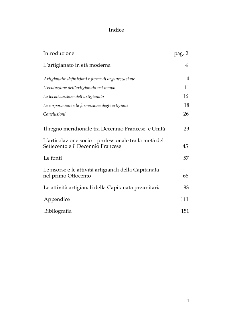 Indice della tesi: Le attività artigianali di Capitanata dal Decennio Francese all'Unità, Pagina 1