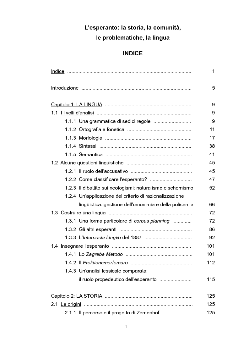 Indice della tesi: L'esperanto: la storia, la comunità, le problematiche, la lingua, Pagina 1