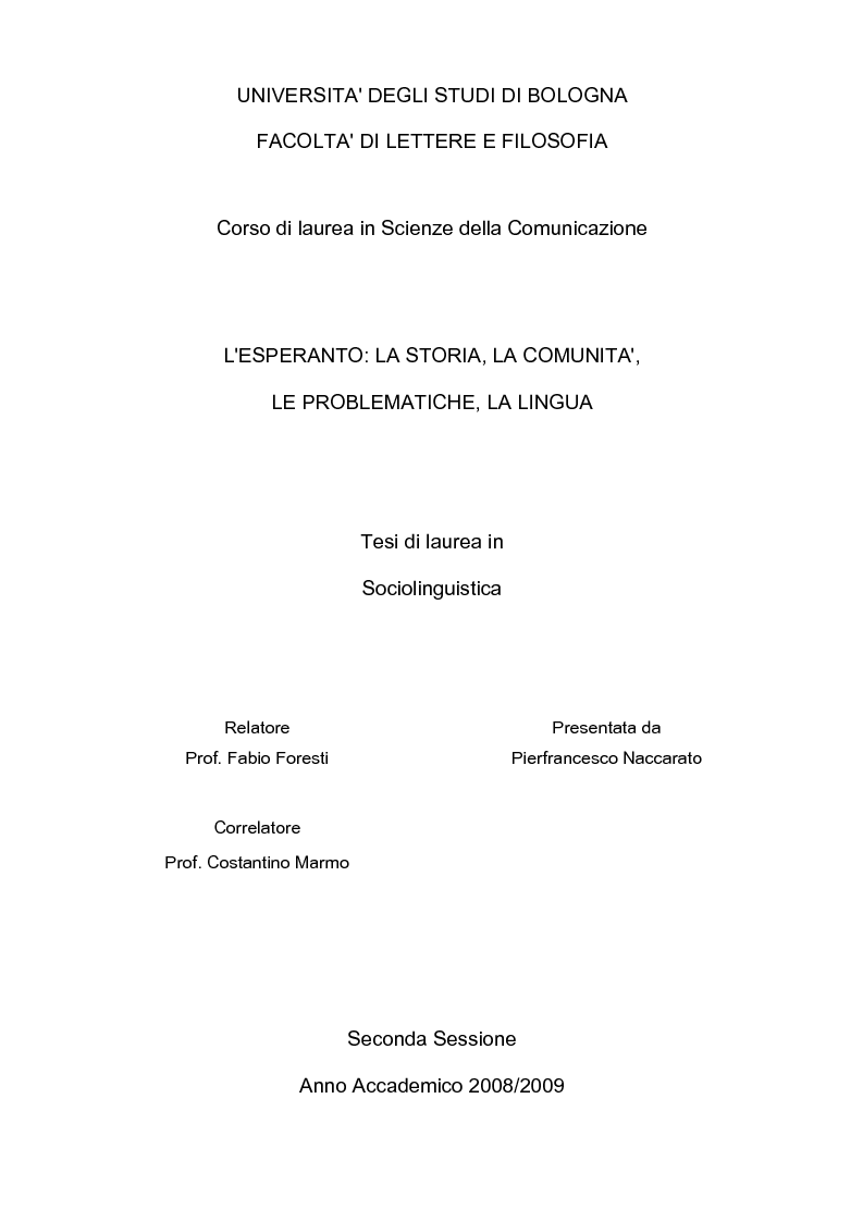 Anteprima della tesi: L'esperanto: la storia, la comunità, le problematiche, la lingua, Pagina 1