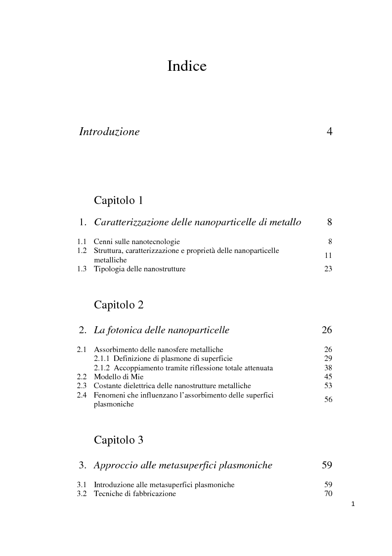 Indice della tesi: Fenomeni di focalizzazione subdiffrattiva in schiere di nanoparticelle plasmoniche, Pagina 1