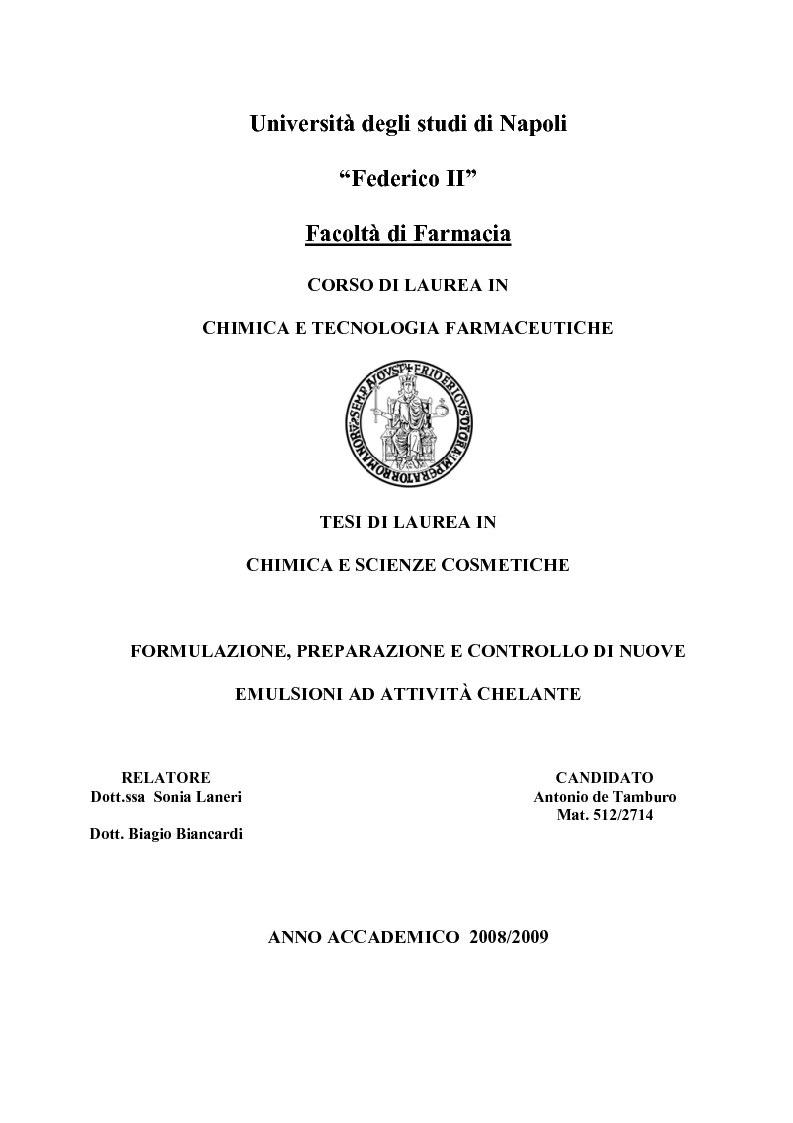 Anteprima della tesi: Formulazione, preparazione e controllo di nuove emulsioni ad attività chelante, Pagina 1