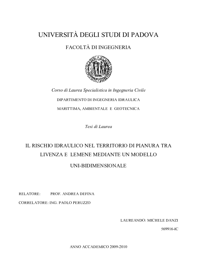 Anteprima della tesi: Il rischio idraulico nel territorio di pianura tra Livenza e Lemene mediante un modello uni-bidimensionale, Pagina 1