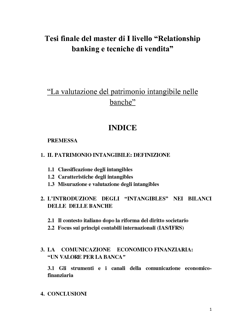Indice della tesi: La valutazione del patrimonio intangibile nelle banche, Pagina 1