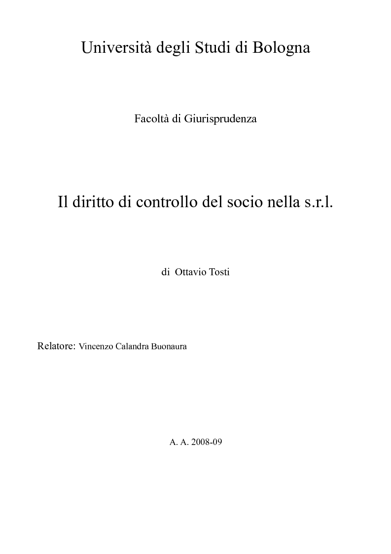 Anteprima della tesi: Il diritto di controllo del socio nella s.r.l., Pagina 1