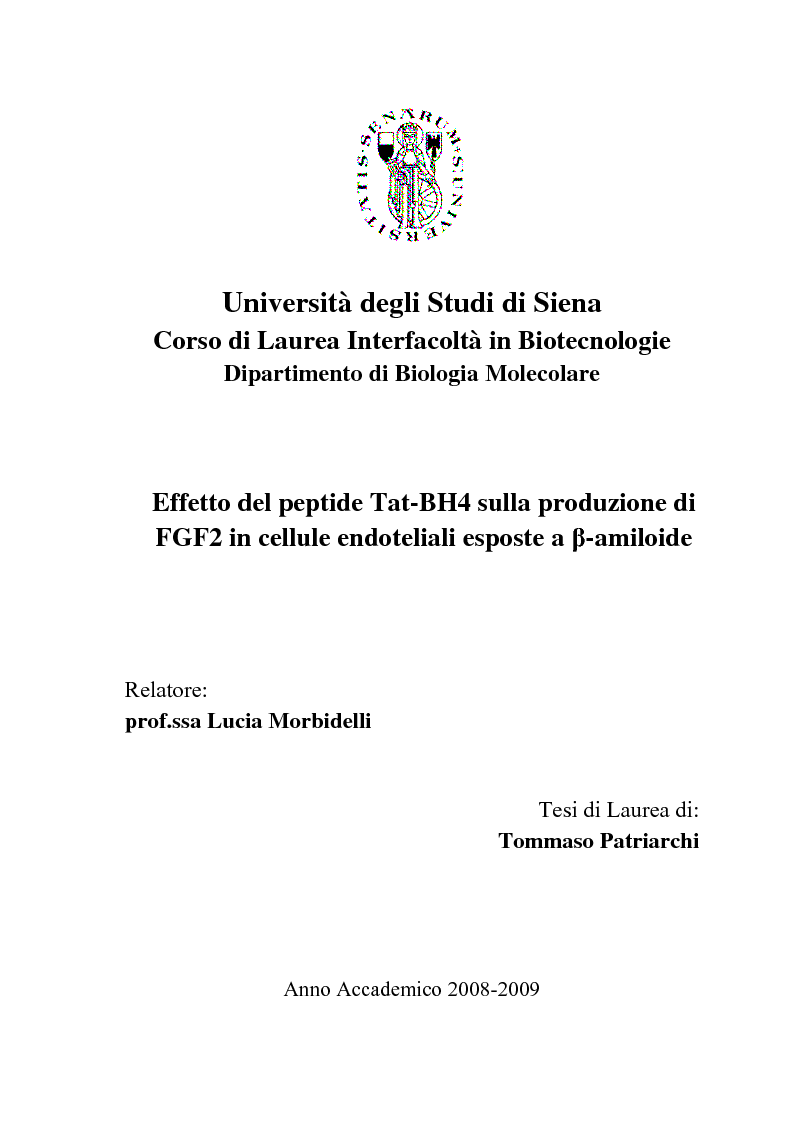 Anteprima della tesi: Effetto del peptide Tat-BH4 sulla produzione di FGF2 in cellule endoteliali esposte a beta-amiloide, Pagina 1