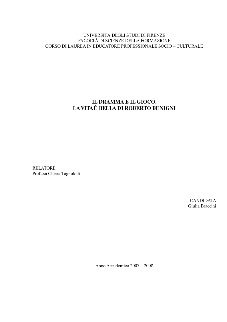Anteprima della tesi: Il dramma e il gioco. "La vita è bella" di Roberto Benigni., Pagina 1