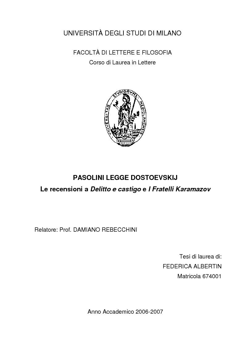 Anteprima della tesi: Pasolini legge Dostoevskij - Le recensioni a ''Delitto e castigo'' e ''I fratelli Karamazov'', Pagina 1