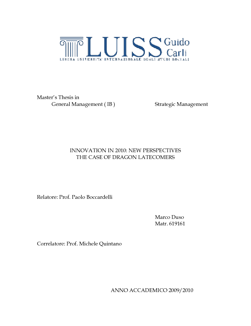 Anteprima della tesi: Innovation 2010: new perspectives. The case of dragon latecomers., Pagina 1