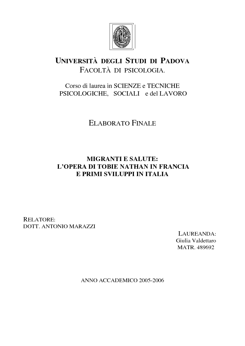 Anteprima della tesi: Migranti e salute: l'opera di Tobie Nathan in Francia e primi sviluppi in Italia, Pagina 1