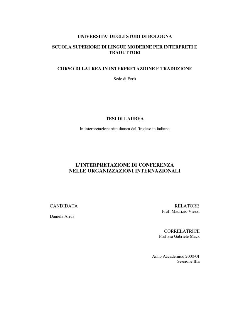 Anteprima della tesi: L'interpretazione di conferenza nelle organizzazioni internazionali, Pagina 1