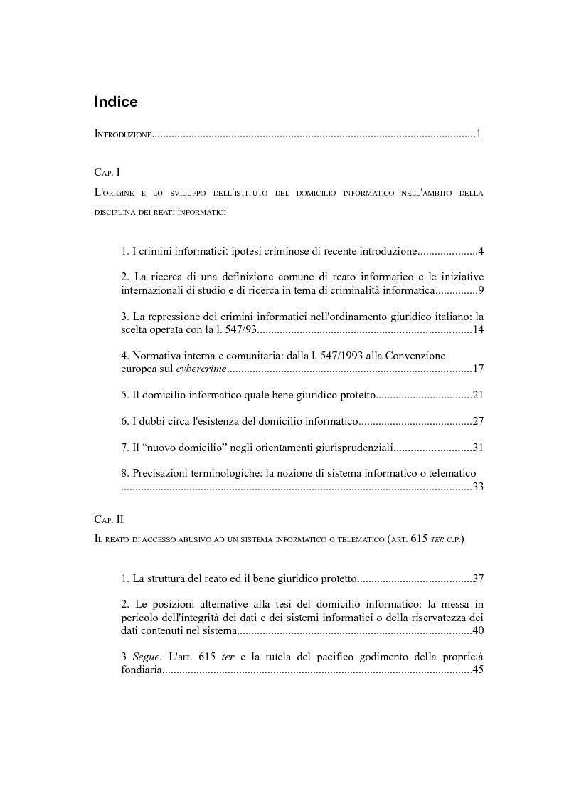 Indice della tesi: La tutela penale del domicilio informatico, Pagina 1