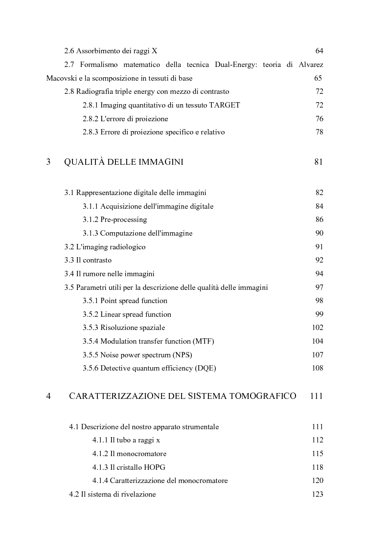 Indice della tesi: Nuove tecniche di radiologia diagnostica: caratterizzazione per immagini di un sistema tomografico multi-energy con fasci quasi monocromatici, Pagina 2
