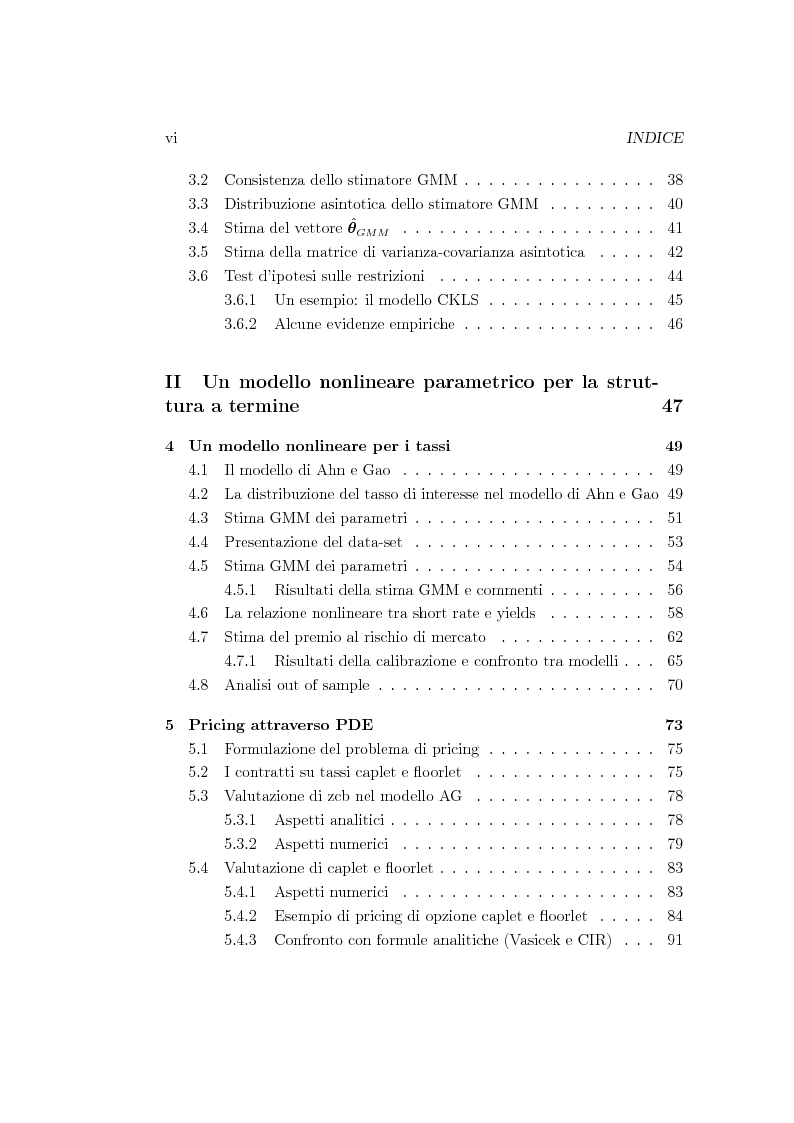 Indice della tesi: Il metodo GMM applicato alla stima di un modello short rate e valutazione numerica di opzioni su tassi, Pagina 2