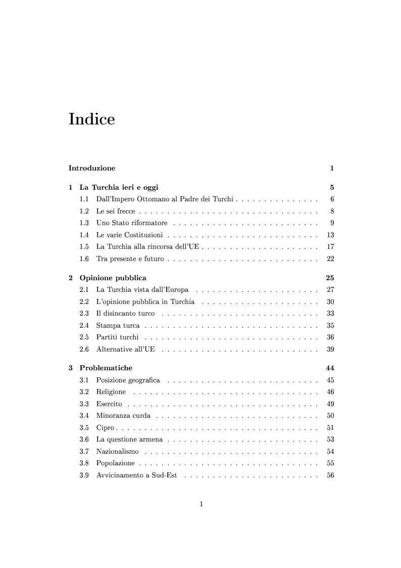 Indice della tesi: La Turchia nell'Ue: il punto di vista turco, Pagina 1