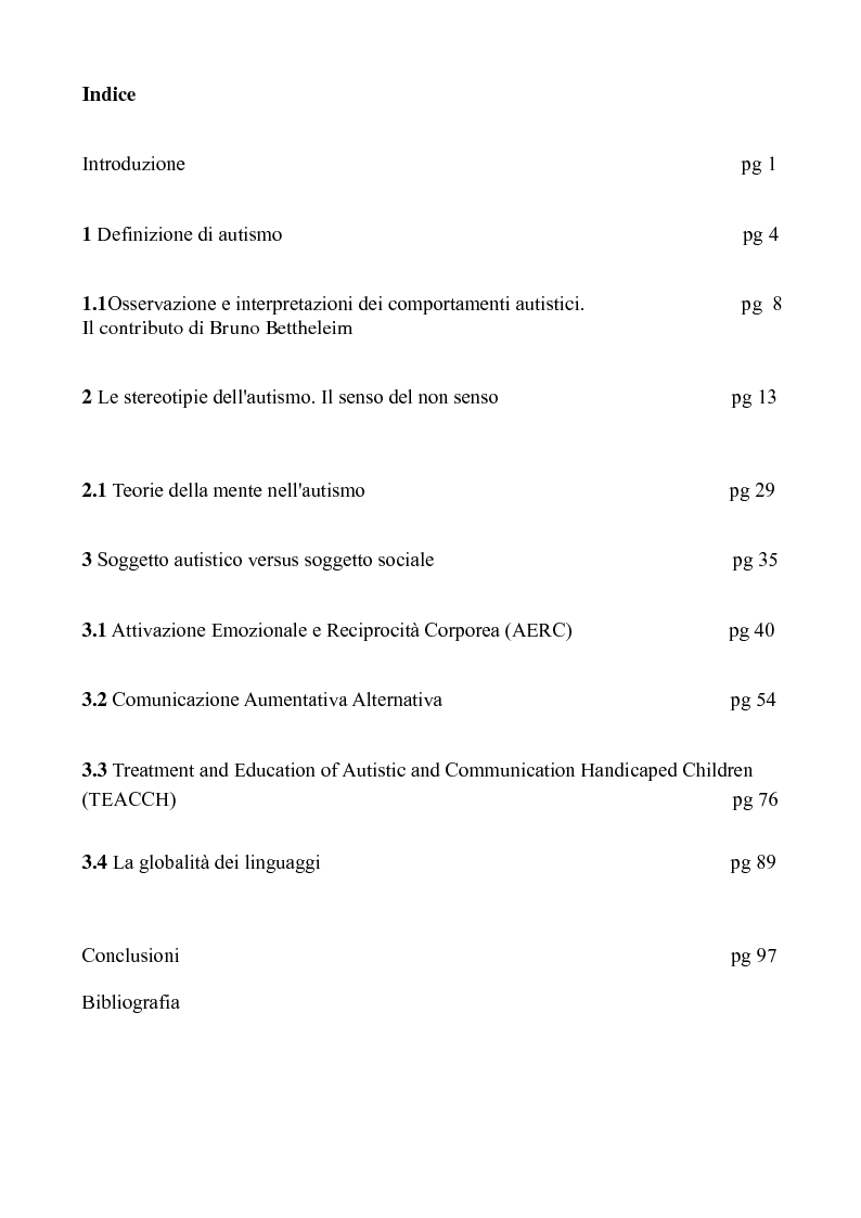 Indice della tesi: Autismo: strategie d'intervento a confronto e alcuni aspetti psicofisiologici, Pagina 1
