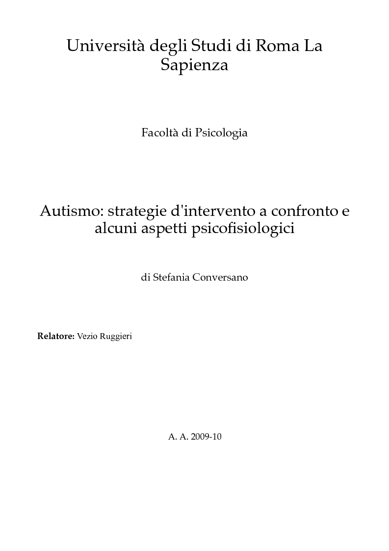 Anteprima della tesi: Autismo: strategie d'intervento a confronto e alcuni aspetti psicofisiologici, Pagina 1
