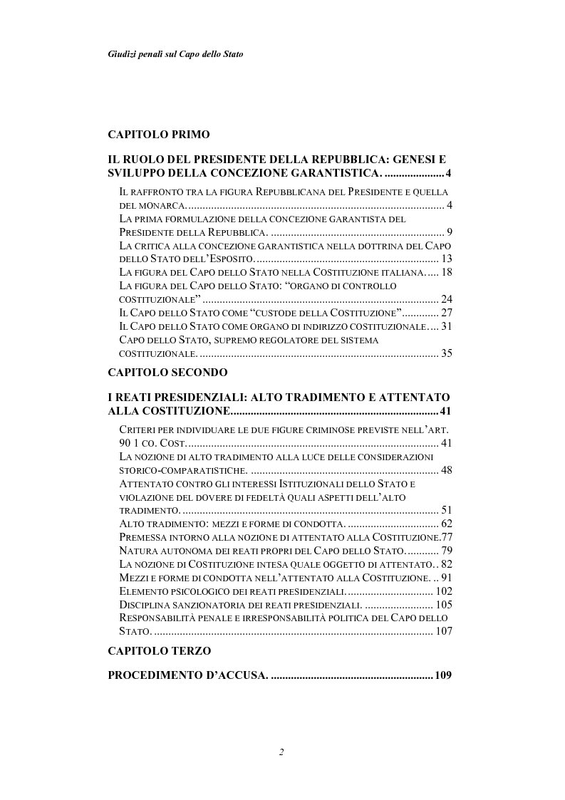 Indice della tesi: Giudizi penali sul Capo dello Stato, Pagina 1
