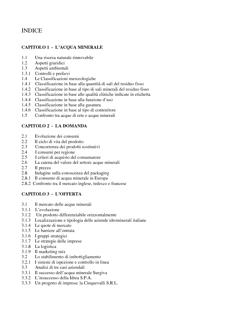 Indice della tesi: Il mercato italiano delle acque minerali, Pagina 1