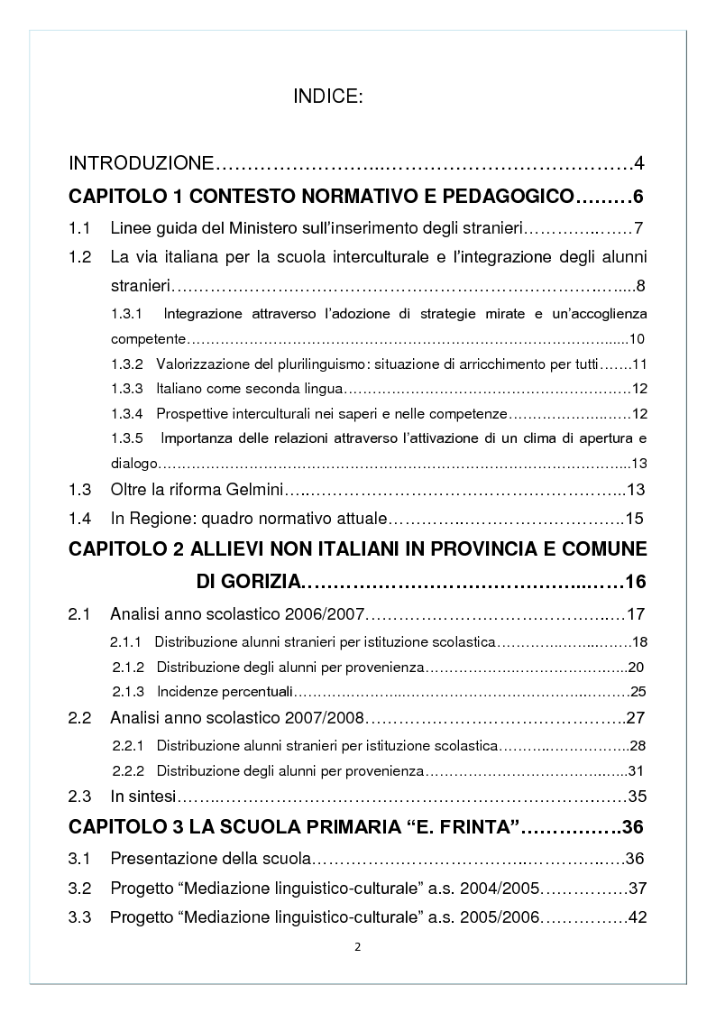 Indice della tesi: Allievi non italiani e progetti di integrazione nelle Scuole Primarie del comune di Gorizia, Pagina 1