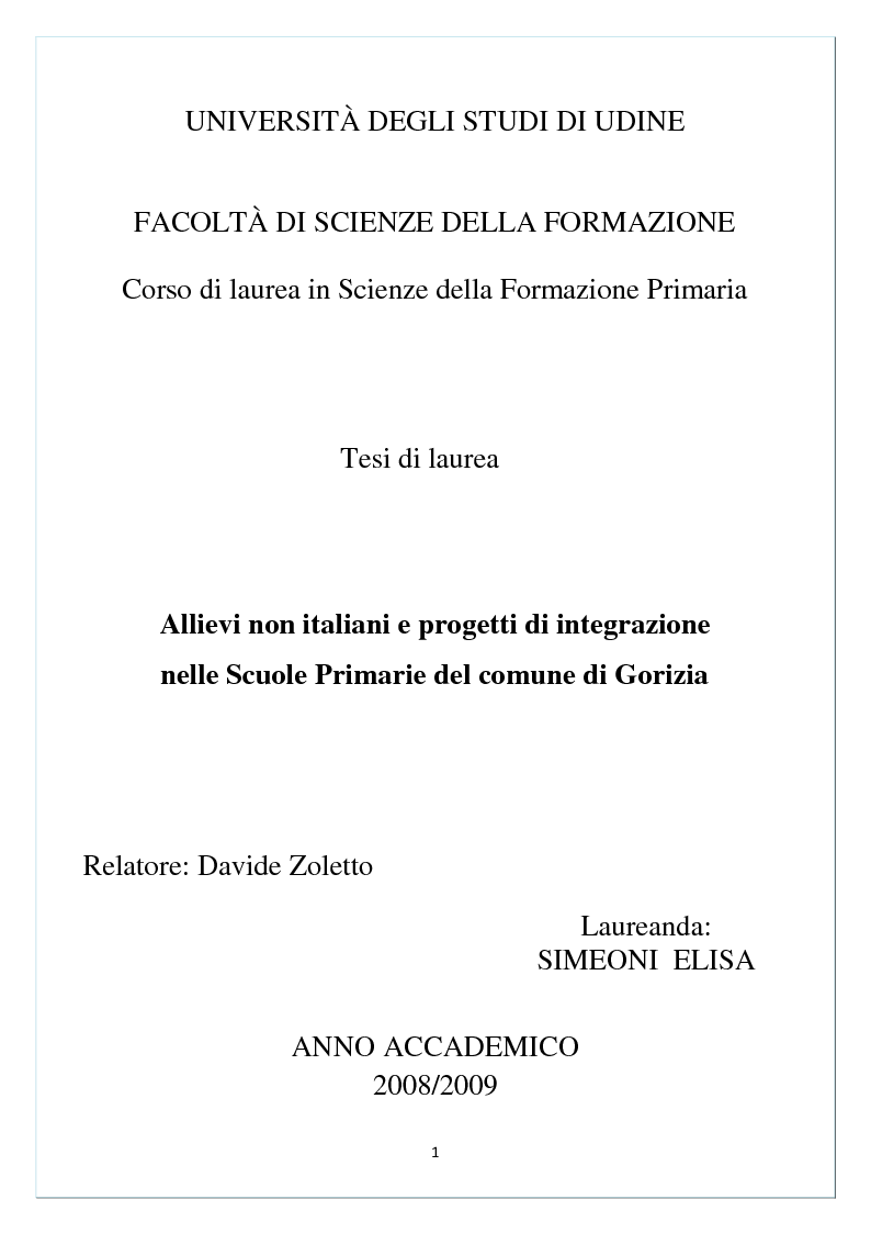 Anteprima della tesi: Allievi non italiani e progetti di integrazione nelle Scuole Primarie del comune di Gorizia, Pagina 1