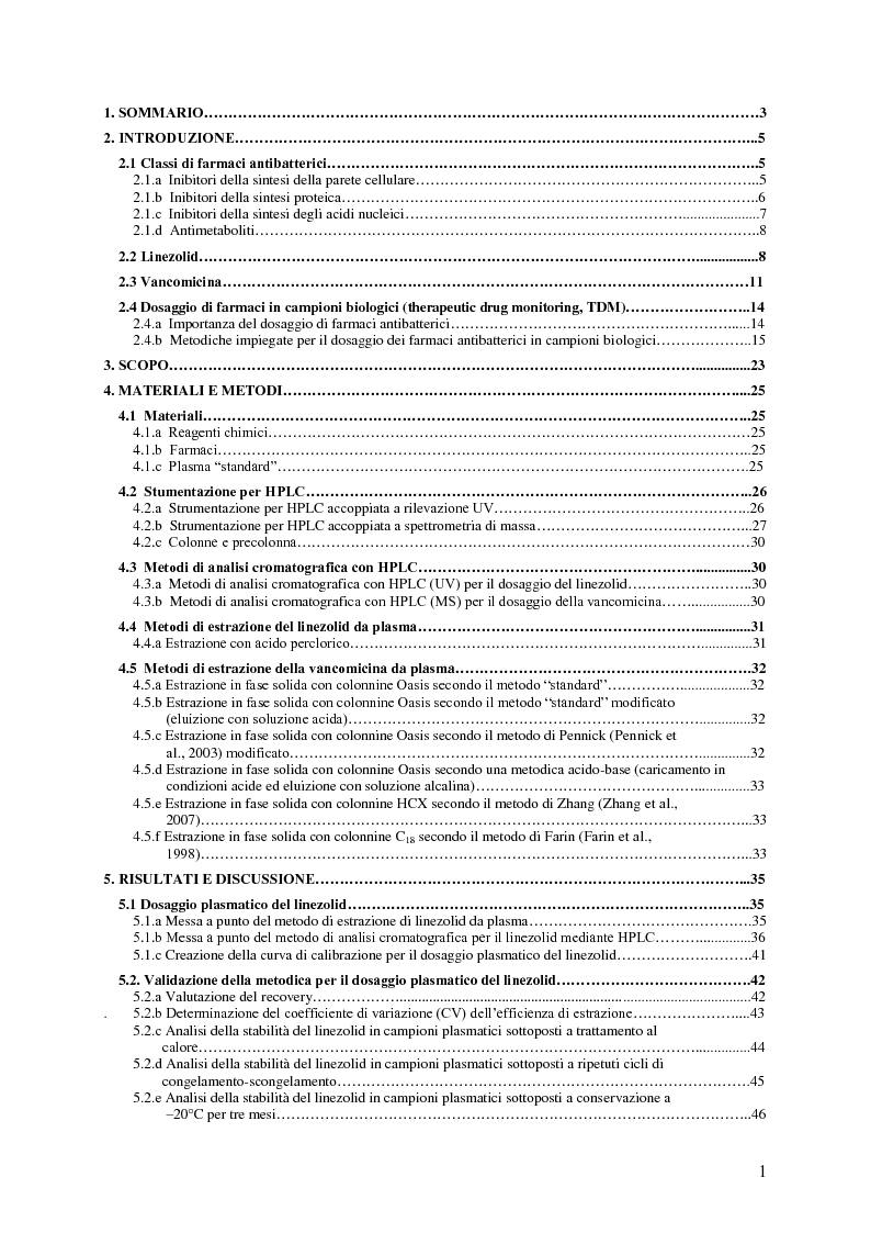 Indice della tesi: Sviluppo e applicazione di metodiche per il dosaggio plasmatico degli antibiotici linezolid e vancomicina mediante HPLC, Pagina 1