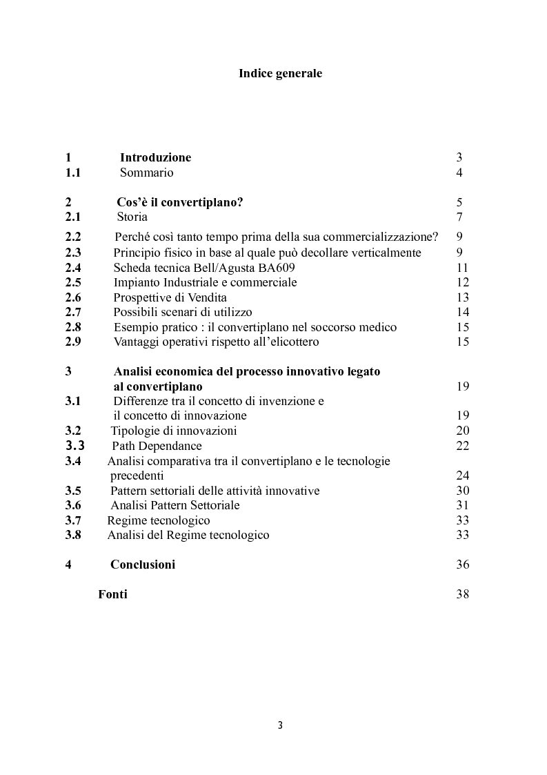 Indice della tesi: Convergenze tecnologiche e opportunità economiche: il caso del convertiplano, Pagina 1